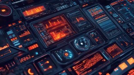 An illustration of various tech processes, including data analysis and machine learning, displayed on a digital dashboard