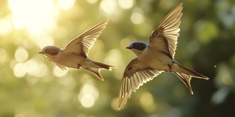Two Swallows Gracefully Flying Through Sunlit Air in a Natural Setting During Early Morning Hours, Showcasing Their Vibrant Feathers and Agile Movements