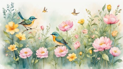 Colorful birds among blooming flowers in vibrant watercolor garden scene
