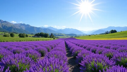 Naklejka premium Long lavender field, endless purple landscape, serene rural scenery