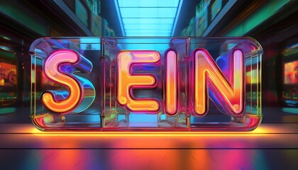 Trendy lettering and clean glass with glowing neon 3D text on a colorful and translucent gl_1(1766)