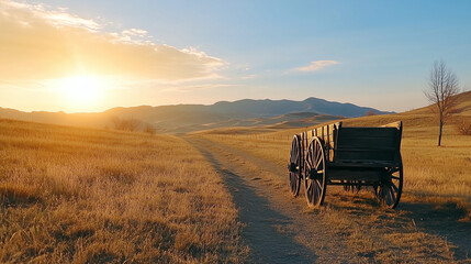 Obraz premium Old Wooden Wagon in Rustic Landscape at Sunset