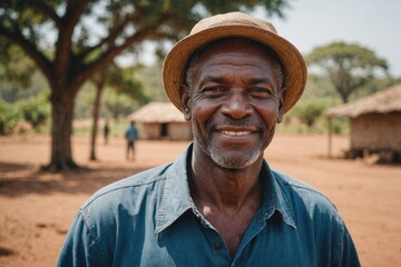 Close portrait of a smiling senior Mozambican male farmer standing and looking at the camera, outdoors Mozambican rural blurred background