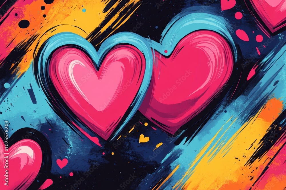 Poster vibrant pop art pattern for valentines day with stylized hearts and bold colors, suitable for adding