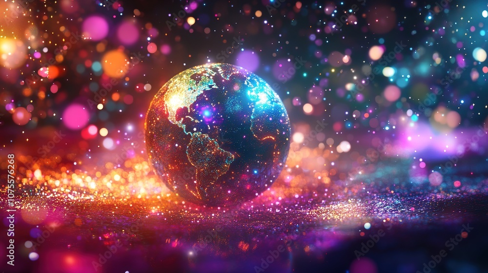 Poster model of the globe in bright light on a background of bokeh and sparkles