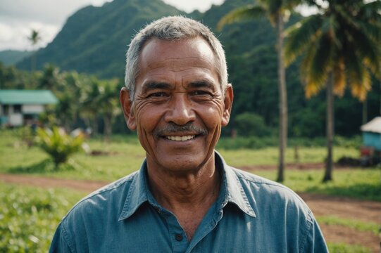 Close portrait of a smiling senior Nauruan male farmer standing and looking at the camera, outdoors Nauruan rural blurred background