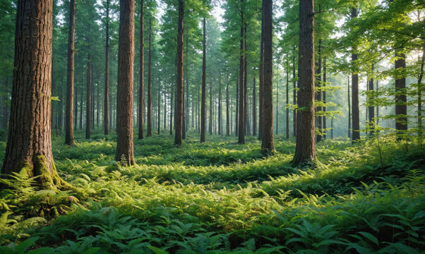 Sunlight filters through the tall trees of a dense forest, illuminating the green ferns below