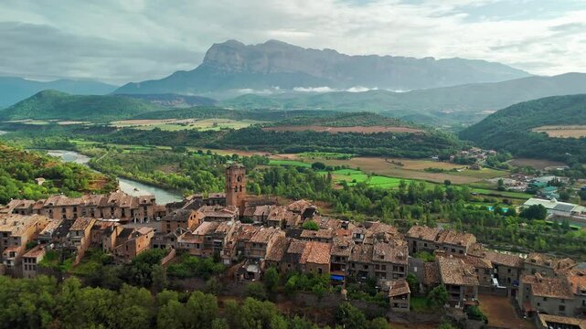 Aerial view of the old town of Ainsa in Huesca province, Spain