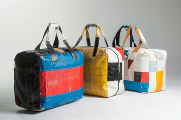 Three colorful bags are standing in a line, showing sustainable design and upcycling concept