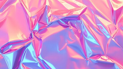 An animation showing crumpled holographic pink foil stripes on a light pink background. A close-up of smooth neon ribbon folds. A 3D render.