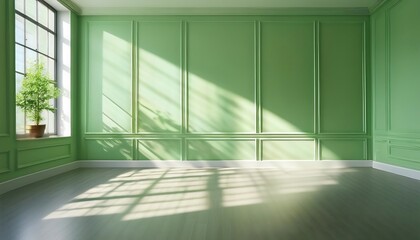  Shadows from window frames dance across a light green wall as natural sunlight fills an_1(1598)