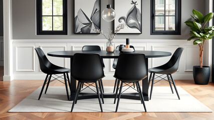 A modern dining space with an oval black wooden table and matching black chairs. Generative AI
