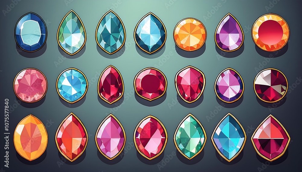 Poster set of precious stones in various cuts with colored gems featuring shapes like circles, tri_1(1587)