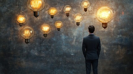 Fototapeta premium Businessman contemplating illuminated ideas on a wall.