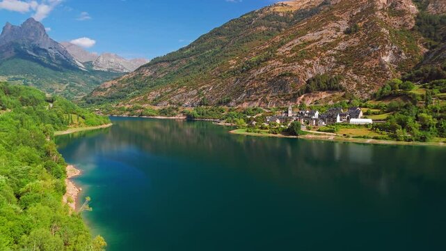 Aerial view of Lanuza village in the Tena Valley, Huesca province, Spain.