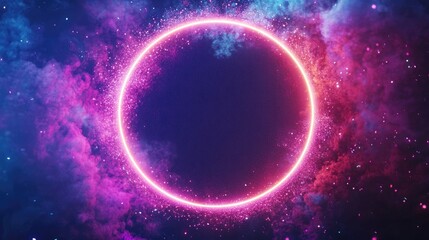 Neon circle glowing with blue, purple and pink light on black smoky background. Night club urban concept