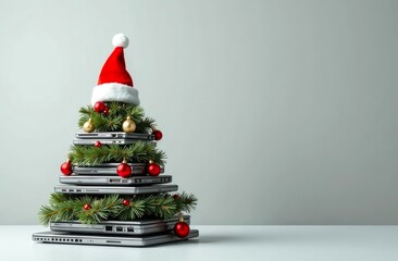 Christmas tree crafted from stacked laptops with a Santa hat on top, set against a light background...