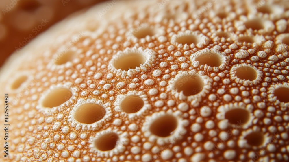 Poster close-up of a sea urchin shell, showcasing its intricate pattern of holes and bumps.