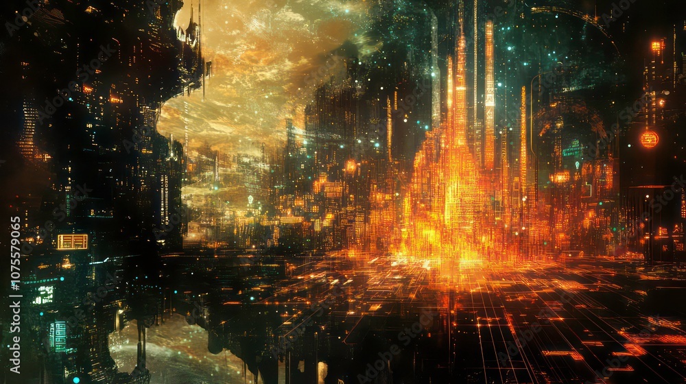 Poster an abstract visualization of a digital world with cities and landscapes made of digital elements and