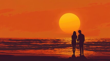 Obraz premium couple, man and woman, standing at the beach, watching the sunset, holding hands, gentle waves in the background, warm orange light creates a serene scene