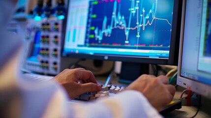 A computer screen displays a graph of data while a researchers hand is seen typing on the keyboard with precision.