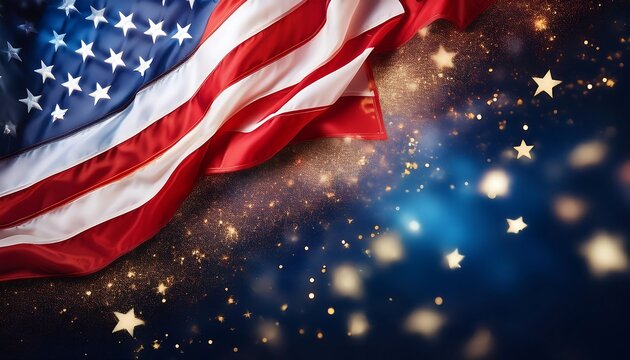  Red, white, and blue USA flag on a dark background with starry night sky, holiday copy spac_1(1545)