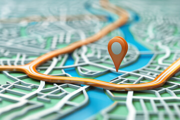 A detailed map highlighting a river and pathways in a urban area with a location pin marking a specific destination during the day