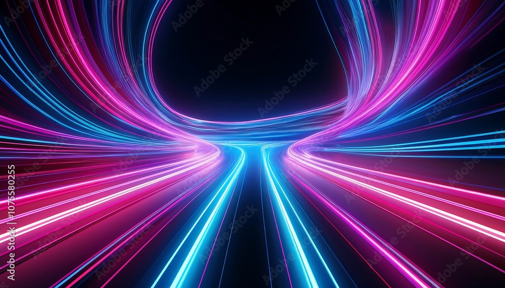 Poster  Neon lines and flowing stripes of blue and pink light curve through space in a futuristic s_1(1485)