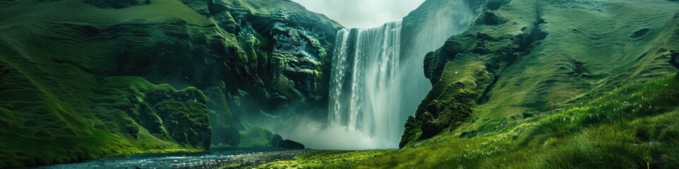 Amazing Waterfall. Beautiful Cascade Flowing in Icelandic Green Landscape