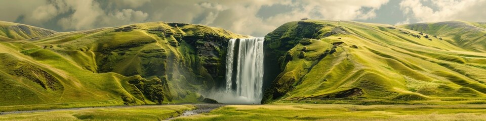 Amazing Waterfall. Beautiful Cascade Flow in Icelandic Green Landscape