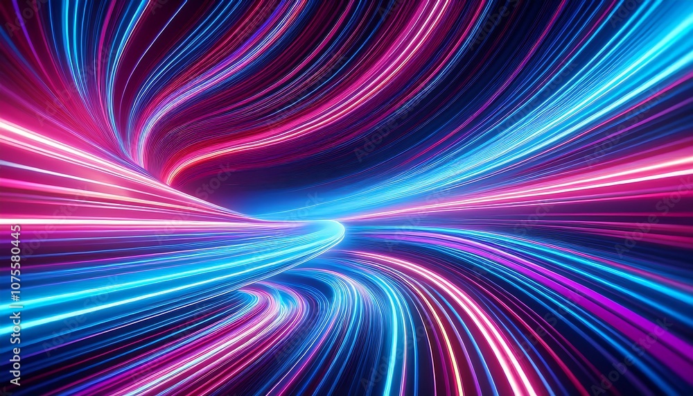 Poster  Neon lines and flowing stripes of blue and pink light curve through space in a futuristic s_1(1486)