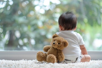 Baby Teddy Bear: Adorable Asian Toddler with Teddy Bear on Back