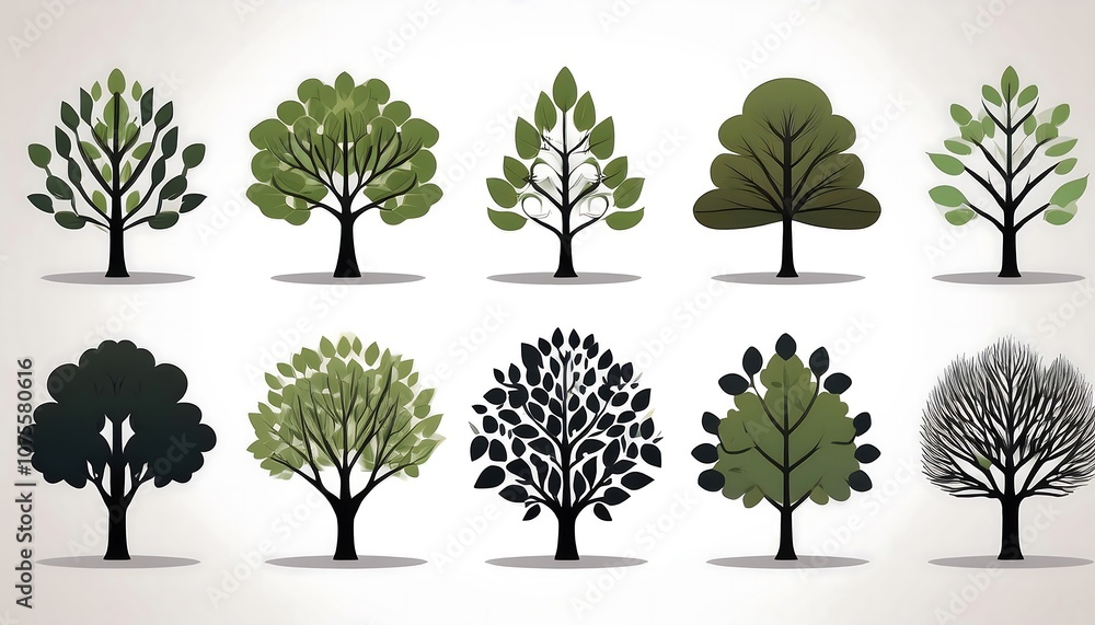 Poster  Modern flat style tree icons and vector silhouettes of trees are set against a simple w_1(1471)