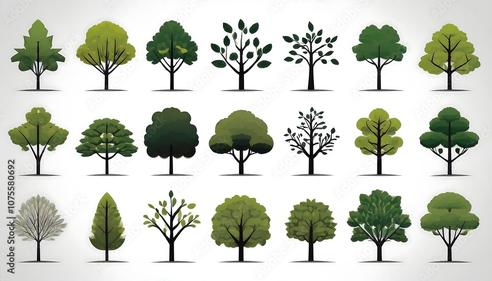 Poster  Modern flat style tree icons and vector silhouettes of trees are set against a simple white_1(1469)