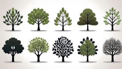 Fototapeta premium Modern flat style tree icons and vector silhouettes of trees are set against a simple w_1(1471)