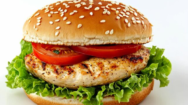 A grilled chicken burger with lettuce and tomato, a delicious meal