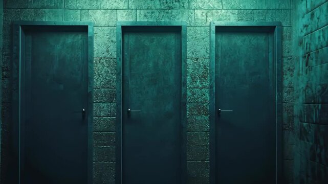 Three doors stand in a dark, brick hallway illuminated by a single light