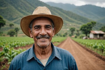 Fototapeta premium Close portrait of a smiling senior Salvadoran male farmer standing and looking at the camera, outdoors Salvadoran rural blurred background