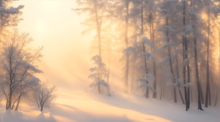 Winter forest in the morning during sunrise, sunlight penetrates the fog, warm colors