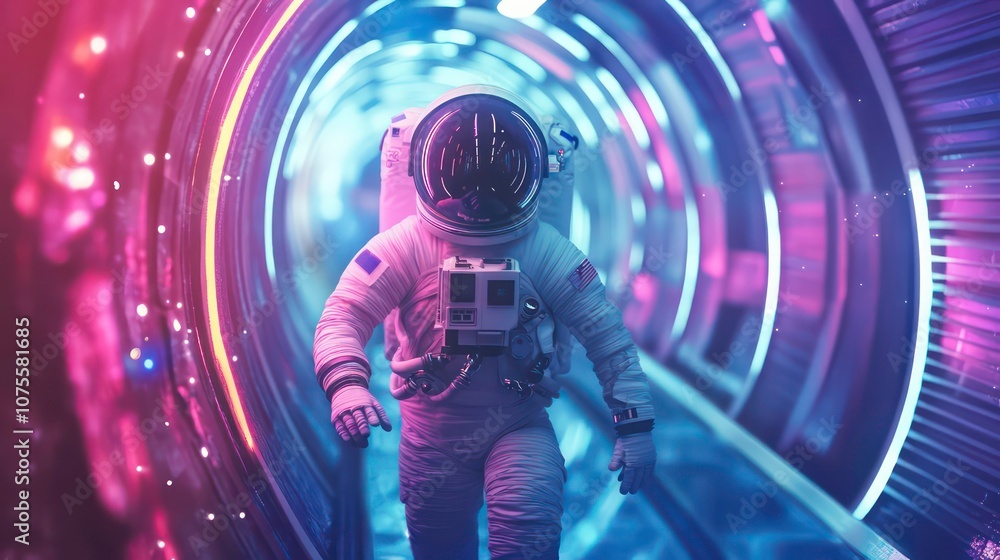 Poster adventurous astronaut in a colorful space tunnel