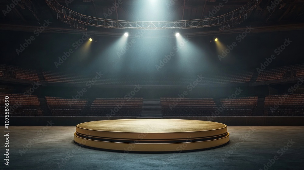 Poster a stage with a podium in the center. the podium is surrounded by a series of steps. the stage is emp