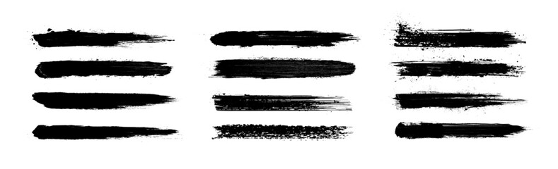 Dried brush strokes isolated on white background acrylic grunge brushes, vector texture, brush strokes stencil. Textured paint silhouette, trace of brush drawing. Vector graphics, isolated set