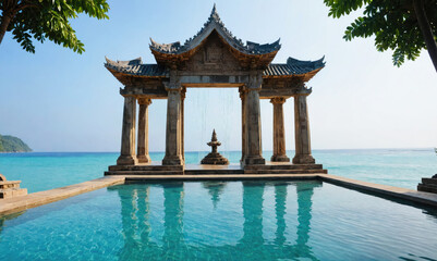 Fototapeta premium A stone archway stands on the edge of a pool overlooking the ocean