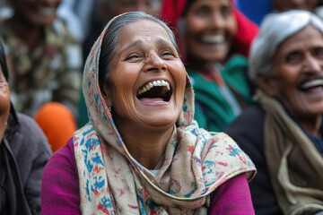 Fototapeta premium a woman of Indian appearance cheerfully Laughing in a crowd of people, April 1, world laughter day