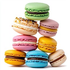 Obraz premium A photostock of assorted colorful macarons stacked together, ideal for dessert or patisserie themes, isolated on transparent PNG background, High Quality