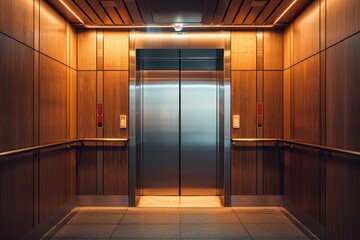 Empty modern elevator with closed doors in luxury building