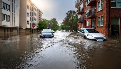  Heavy rainfall flooded streets with submerged cars and buildings, showcasing increased risk_1(1337)