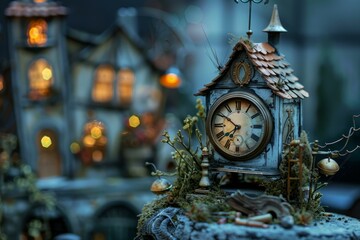 Miniature weathered clock with roman numerals counting the minutes in a whimsical fairytale village