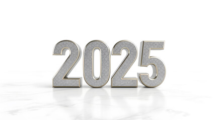 Happy New Year 2025 metallic 3d text on floor on white background. Generative AI