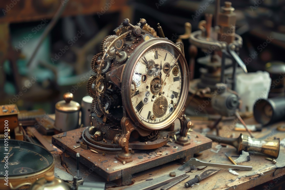 Poster old clock with visible gears is lying on a workbench in a workshop